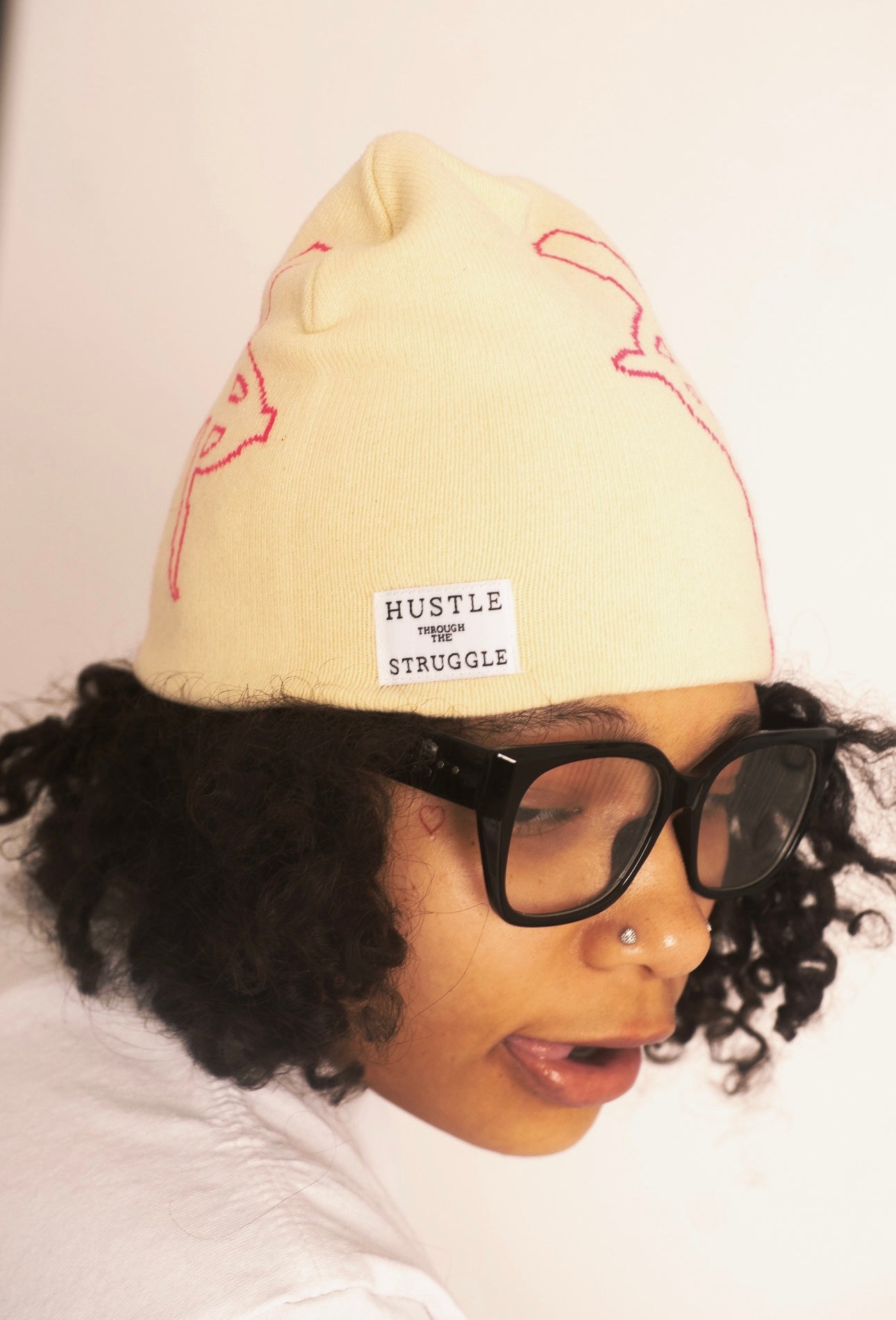 Cream Double logo beanie