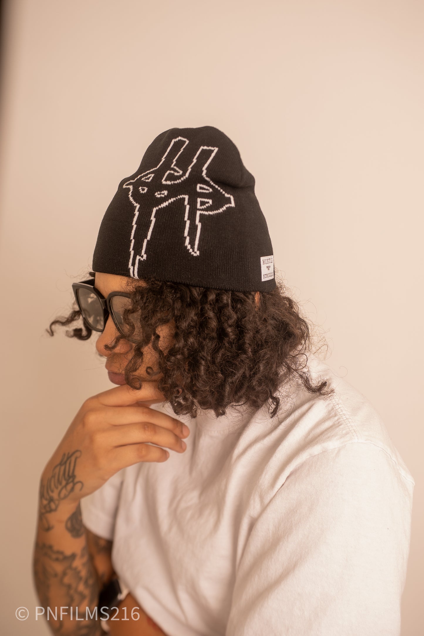 Black double logo beanie